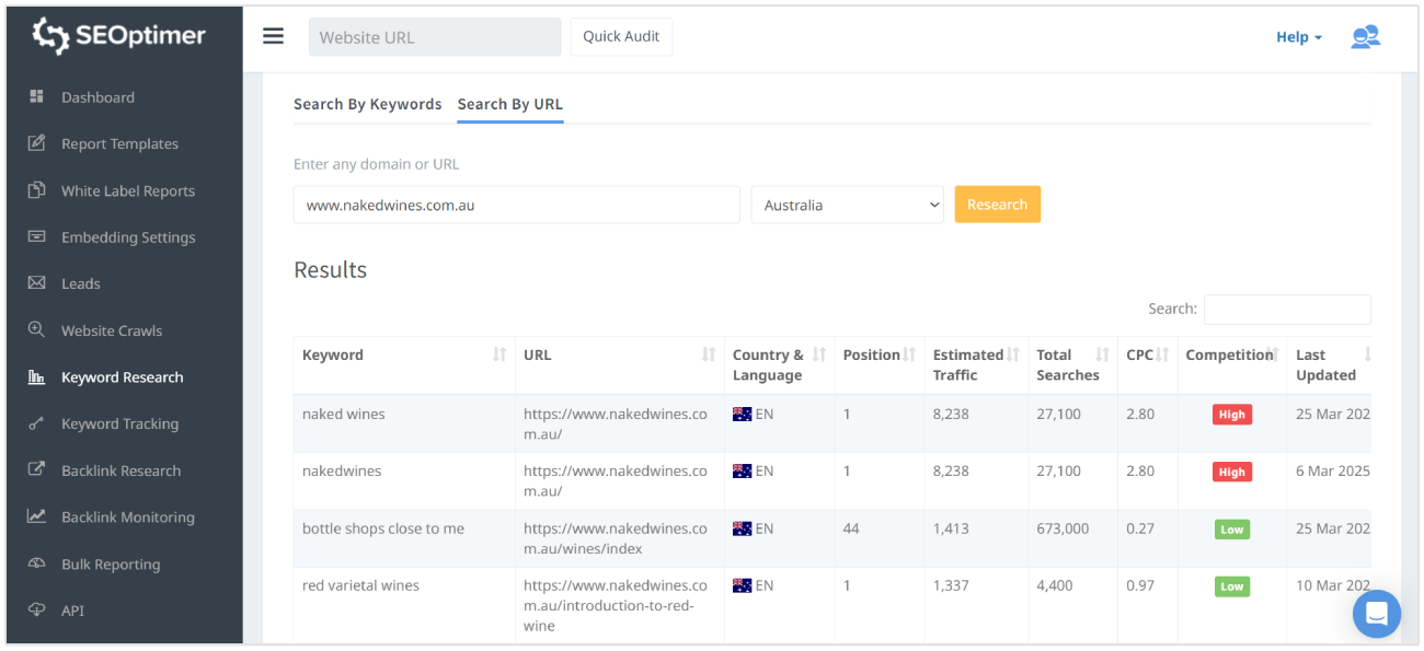 Search by URL keyword research tool